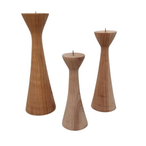 SET X3 CANDELABROS MADERA NATURAL 20/25/30 CM